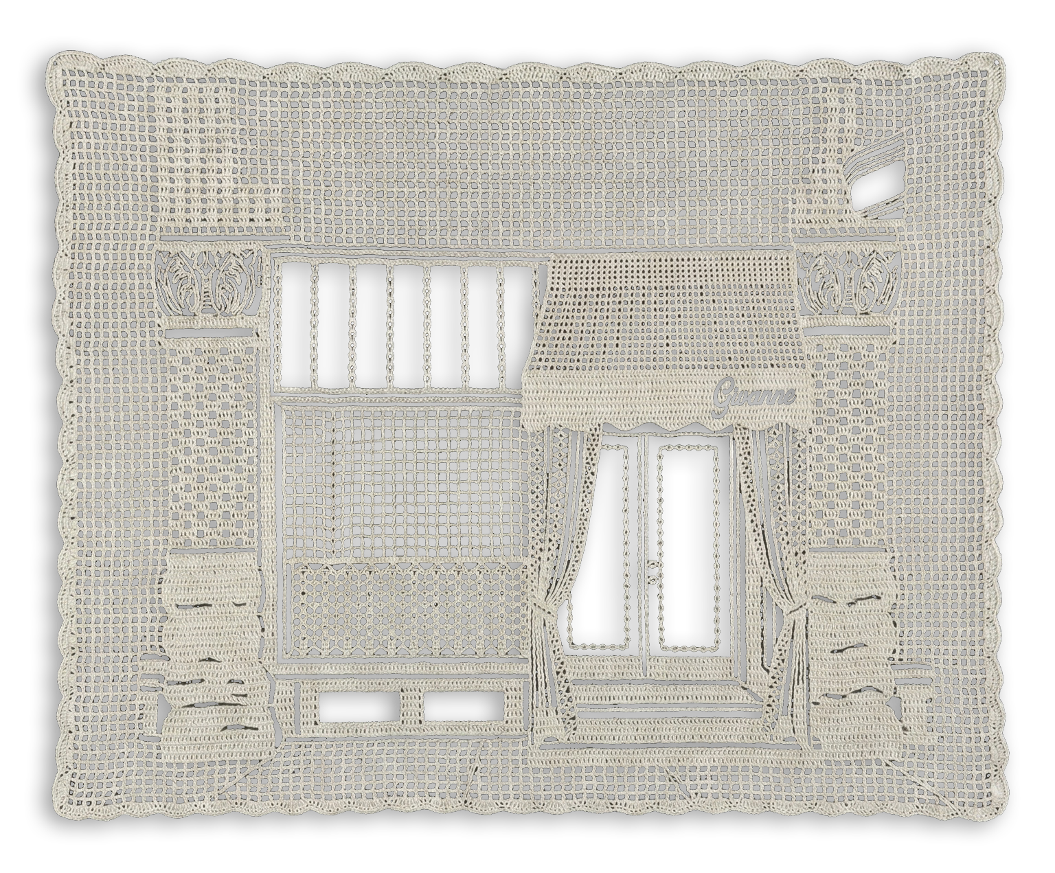 Crochetted napkin showing the Givanne Shoppe store front in Lincoln Park Chicago, highlighting the vintage, modern style gifts