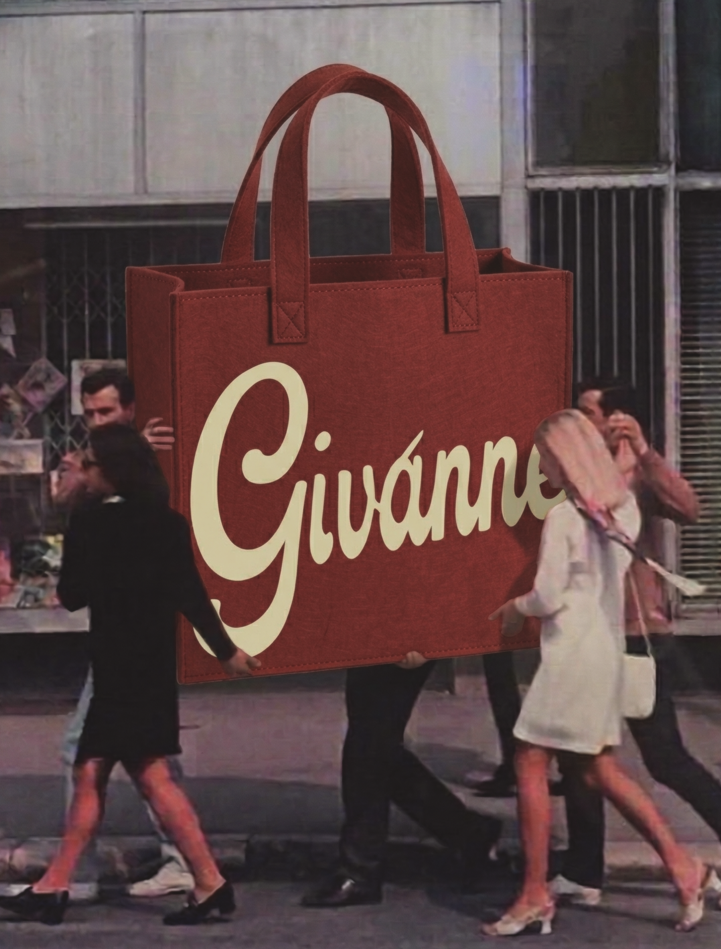Vintage style photo of stylish men and women holding a giant Givanne shopping tote